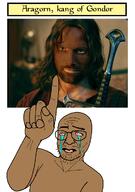 aragorn arm black_skin bloodshot_eyes crying glasses hand kryptonian_blerd lord_of_the_rings mustache open_mouth pink_eyes pointing soyjak stubble text transparent variant:cryboy_soyjak // 508x720 // 247.6KB