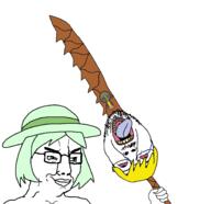 2soyjaks ack badge bloodshot_eyes chainsaw_man closed_mouth clothes crying crystal_cafe glasses green_eyes green_hair hair hanging hat holding_object holding_sword impaled nate open_mouth rope severed_head smile smug soot_colors soyjak soyjak_party stubble suicide sword tongue variant:bernd variant:chudjak weapon yellow_hair // 1858x1796 // 105.3KB