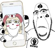 arm bbc biting_lip blond bnwo clothed distorted ear facial_mark female forehead_mark frown glasses hand holding_object holding_phone iphone medical mouse nurse nurse_hat nurse_uniform painted_nails phone queen_of_spades raised_fist_(symbol) red_cross soyjak spade stubble subvariant:gapejak_female subvariant:hornyson tattoo template terrible_mouse variant:cobson variant:gapejak white_fur yellow_sclera // 1080x942 // 434.3KB