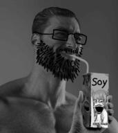 crazed drinking gigachad glasses nas:gigachad open_mouth smile soy straw stubble subvariant:soyak_(crazed) teeth variant:soyak // 638x717 // 177.5KB