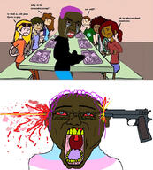 ack anhero black_skin blood bloodshot_eyes brown_troonjak cafeteria cartoon clenched_teeth crying flag glasses gun hair lunch morocco open_mouth pistol purple_hair soyjak storybooth subvariant:chudjak_front suicide text tongue tranny variant:chudjak weapon yellow_teeth // 958x1061 // 689.0KB