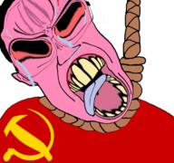 ack angry bloodshot_eyes communism crying distorted flag:soviet_union hammer_and_sickle hanging open_mouth pink_skin rope soyjak subvariant:chudjak_front suicide tongue variant:bernd variant:chudjak vein white_background // 768x719 // 390.3KB