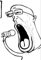 arm chicken clothes ear glasses hand holding_object mustache open_mouth soyjak stubble variant:unknown // 399x578 // 47.6KB