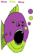 animal blue_background bubble fish full_body glurple inhuman open_mouth orange_skin soyjak underwater variant:gapejak water yellow_sclera // 600x976 // 27.9KB