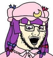 anime clothes crazed female glasses hair open_mouth ornament patchouli_knowledge purple_eyes purple_hair soyjak stubble subvariant:soyak_(crazed) touhou variant:soyak video_game white_skin // 667x723 // 96.9KB