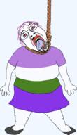 ack arm bloodshot_eyes clothes crying dead flag full_body genderqueer glasses hair hand hanging leg mustache open_mouth purple_hair rope shoe skirt soyjak stick stubble suicide tongue tranny tshirt variant:bernd yellow_teeth // 1177x2048 // 457.7KB