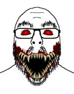 artist:fleertson creepy evil glasses mustache open_mouth red_eyes smile soyjak stubble teeth thick_eyebrows variant:flartson // 410x524 // 20.3KB
