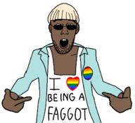 black_skin faggot glasses i_love lgbt nigger open_mouth pointing soyjak stubble tyler_the_creator variant:shirtjak // 618x559 // 54.9KB