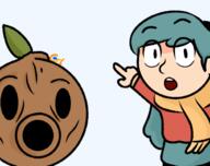 arm blue_hair cartoon clothes girl hair hand hat hilda meta:nas open_mouth scarf soy_parody soyjak variant:two_pointing_soyjaks // 623x493 // 117.1KB