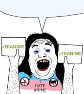 anime antifa armflag hair hand holding_object nonsense open_mouth soyjak speech_bubble speech_bubble_empty stubble text tranny variant:alicia // 949x1061 // 81.9KB