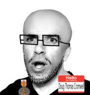 bald black_shirt clothes dox ear glasses grey_eyes grey_skin greyscale hello_my_name_is_(sticker) irl medal name_tag namefag_drama open_mouth scientoloju_(user) soyjak stubble tshirt variant:scientolojak white_background // 560x592 // 130.9KB