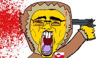 bloodshot_eyes brown_eyes buck_teeth clothes country eskimo firearm flag flag:greenland glasses greenland gun holding_gun holding_object holding_pistol open_mouth pistol soyjak subvariant:suicide_chud suicide tongue variant:chudjak yellow_skin // 1105x668 // 505.4KB