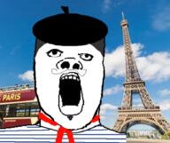 beard beret clothes country eiffel_tower france hat irl_background mustache open_mouth paris scarf soyjak variant:a24_slowburn_soyjak // 894x749 // 565.5KB