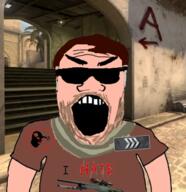 angry awp beard brown_hair brown_skin clothes counter_strike csgo glasses gun hair i_hate open_mouth scarf sniper_rifle soyjak subvariant:science_lover sunglasses terrorist variant:markiplier_soyjak white_skin // 340x351 // 171.7KB