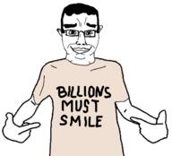 arm closed_mouth clothes ear glasses hair hand merge millions_must_die pointing smile soyjak subvariant:chudjak_front text tshirt variant:chudjak variant:shirtjak // 618x559 // 110.8KB