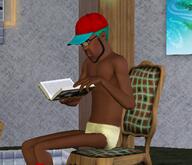 blue_hair book boyfriend_(friday_night_funkin') cap chair clothes fnf_pedo friday_night_funkin' glasses hat holding_book holding_object reading shirtless stubble subvariant:neutralplier the_sims underpants variant:markiplier_soyjak video_game // 461x395 // 240.6KB