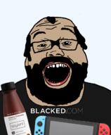 amerimutt balding beard blacked blacked_com clothes fat glasses hair nintendo nintendo_switch soy soyboy soyjak soylent soylent_(creamy_chocolate) stubble transparent_background variant:alicia video_game // 592x720 // 132.0KB