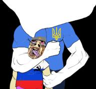 black_background bloodshot_eyes buff communism crying hammer_and_sickle headlock russia russo_ukrainian_war speech_bubble_empty strangling tongue tryzub ukraine vatnik yellow_teeth z_(russian_symbol) // 1761x1638 // 536.7KB