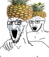 2soyjaks bloodshot_eyes clothes crying food foodjak fruit glasses hand hat open_mouth pineapple sex soyjak stretched_mouth stubble variant:cryboy_soyjak variant:soyak // 509x600 // 296.8KB