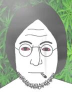 eyebrows forehead_lines glasses hair mouth_closed nose red_eyes soyjak stoner stubble variant:lennonjak weed // 600x800 // 13.6MB