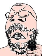 angry bloodshot_eyes glasses gun hand mustache pointing pointing_at_viewer small_eyes soyjak stubble variant:gapejak white_skin // 600x800 // 388.3KB