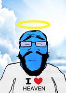 arm background beard bird black_eye blue_background blue_skin chin clothes cloud eye eyebrow glasses glowing golden_gates greek_column hair hairline halo happy head heart heaven i_love light_ray nose pillar salvation shoulder sky smile stubble subvariant:science_lover torso variant:markiplier_soyjak // 800x1120 // 309.0KB
