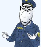 badge closed_mouth clothes coaltent_cop glasses hand police police_hat soyjak stubble variant:dubbbzjak // 638x720 // 148.4KB