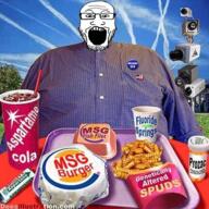 badge burger_king chemtrails cup david_dees flag george_bush_jr glasses gmo hamburger irl_background meds msg open_mouth prozac security_camera soda soyjak stubble united_states variant:markiplier_soyjak // 433x433 // 378.2KB