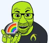 artist:bucephalus_(kiwi_farms) clothes glasses green_skin hand holding_object kiwifarms looking_at_you open_mouth optimistic perro_hold rainbow series:kiwiperros soyjak sticker stubble subvariant transparent_background tshirt variant:el_perro_rabioso // 820x720 // 54.5KB