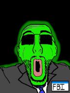 clothes ear federal_bureau_of_investigation glasses glowing green green_skin meta:tagme necktie open_mouth soyjak stubble suit sunglasses trend:glowie variant:oujak // 510x680 // 60.9KB