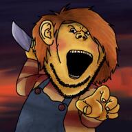 album_cover arm art background button chucky doll ginger_hair hair hand holding_knife holding_object knife music open_mouth overalls soyjak stubble thunderdome variant:impish_soyak_ears // 1080x1080 // 1.2MB