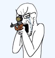 angry arm closed_eyes firearm glasses gun hand holding_gun holding_object holding_rifle open_mouth rifle sniper sniper_rifle soyjak stretched_mouth stubble variant:soyak weapon // 800x842 // 18.0KB