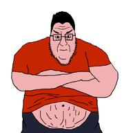 angry belly_button blart closed_mouth crossed_arms fat glasses hair nikocado_avocado obese red_shirt soyjak stubble variant:blartjak white_skin // 876x921 // 19.0KB