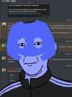 closed_mouth clothes discord ear hair kuz mask neutral purple_skin screenshot soyjak text track_suit variant:kuzjak // 810x1080 // 207.7KB