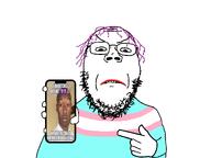 angry arm christianity clothes cross flag flag:transgender_pride_flag frown hair hand holding_object holding_phone impact_font irl meme nigger purple_hair reaction reaction_image_memes soyjak stubble subvariant:gapejak_front teeth text tranny troon troonjaks tshirt variant:gapejak xitter // 1200x900 // 146.0KB