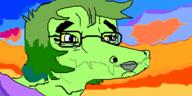 SLLSFHM anthro clothes color eyebags female furry glasses green_hair green_skin hair happy i_want_hug_that_gator oekaki sky smile sunset variant:chudjak video_game woman // 500x250 // 40.0KB