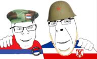 2soyjaks Federal M59M85_helmet animal beard beret bird bosnia bosniak coat_of_arms cyrillic_text eagle federal_entity federal_republic_of_yugoslavia flag:republika_srpska friendship glasses hair hand helmet hugging military_beret military_hat montenegrin montenegro no_more_brother_wars republika_srpska serb_republic serbia serbia_and_montenegro serbian smile socialist soyjak star star_(symbol) stubble text variant:cobson variant:feraljak white_background yugoslavia // 992x611 // 434.6KB
