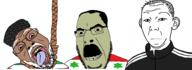 3soyjaks ali_khamenei bashar_alassad beard bloodshot_eyes brown_skin closed_mouth clothes country ear flag glasses hair hanging iran mustache neutral open_mouth rope smile soyjak stubble syria tongue track_suit turban variant:bernd variant:cobson variant:kuzjak yellow_teeth // 2388x870 // 344.4KB