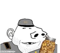 animated clothes confederate deformed ear food hat japanese_text jar large_nose no_eyebrows nut peanut poyopoyo smile soyjak stubble subvariant:arkansasjak text tonton uniform variant:impish_soyak_ears // 255x228 // 219.7KB