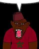 clothes country ear fangs fez flag glasses hat morocco open_mouth soyjak speech_bubble speech_bubble_empty star stubble teeth tongue tshirt variant:monkeyjak // 720x891 // 117.0KB