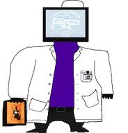 arm astro_toilet belt black_pants button closed_mouth clothes doctor dr_soyberg g-toilet glasses glove hand lab_coat laser nose picture pocket purple_shirt red_eyes scientist scientist_tv_man shoe skibidi_toilet skibidi_toilet_74 tag television text tvman variant:a24_slowburn_soyjak // 1454x1520 // 509.9KB