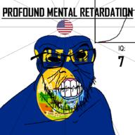 angry bald black_eyes black_hole black_sclera clenched_teeth closed_mouth cracked_teeth drool ear flag flag:montana flag:united_states glasses hair iq iq_bell_curve montana mustache nightmare_fuel no_pupils plant profound_mental_retardation retard soyjak spanish_text star_(symbol) state stubble text tree united_states variant:feraljak wrinkles // 1024x1024 // 122.5KB