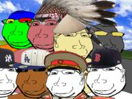 asian baseball boston_red_sox brown_skin cap clothes communism ear eyelids feather glasses grass grey_skin hammer_and_sickle hat irl_background kgb los_angeles_dodgers multiple_soyjaks native_american necktie new_york_yankees nipple no_eyebrows red_skin rice_hat sky small_eyes smile soot soot_colors soyjak soyjak_party star stubble subvariant:massjak subvariant:wholesome_soyjak sunglasses trend:colorjak uniform variant:gapejak windows_xp yellow_skin // 1500x1125 // 1.2MB