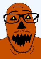 glasses halloween open_mouth orange_skin pumpkin soyjak stubble variant:punkjak yellow_eyes // 918x1306 // 29.2KB