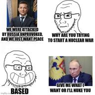 animal arm balding based black_shirt brown_hair calarts closed_mouth clothes coat_of_arms concerned eagle ear flag frown glasses grin hair horse imgflip.com looking_at_you looking_to_the_left looking_to_the_right necktie neutral nuclear photo place_japan russia russo_ukrainian_war smile soyjak stubble suit text ukraine variant:soyak vladimir_putin volodymyr_zelenskyy watermark white_skin wing yellow_hair // 501x499 // 207.4KB