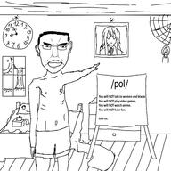 anime bed bedroom board bug clock closed_mouth drawn_background ear glasses grass hair hand k_on kotobuki_tsumugi pointing pol_(4chan) salute shaved shirtless soyjak spider straight-arm_salute subvariant:chudjak_front sun text tissue_box tree underpants variant:chudjak web window // 600x600 // 90.6KB