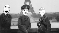 3soyjaks black_and_white historical hitler_mustache irl_background military military_cap military_uniform nazism paris subvariant:wholesome_soyjak swastika variant:cobson variant:gapejak variant:kuzjak // 1280x720 // 675.4KB