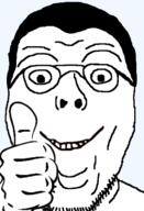 closed_mouth glasses hair smile soyjak stubble thumbs_up variant:pudding_soyjak // 828x1214 // 198.6KB