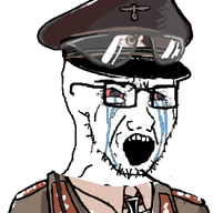 bloodshot_eyes clothes collar_tabs collared_shirt crying glasses hat iron_cross military_hat nazism open_mouth peaked_cap politics reichsadler soyjak stubble variant:soyak // 600x734 // 315.4KB