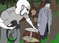 2soyjaks beard camera clothes drawn_background ear glasses hat holding_camera mushroom mustache open_mouth side_profile soyjak stubble tree variant:chudjak variant:soyak // 1000x720 // 253.1KB